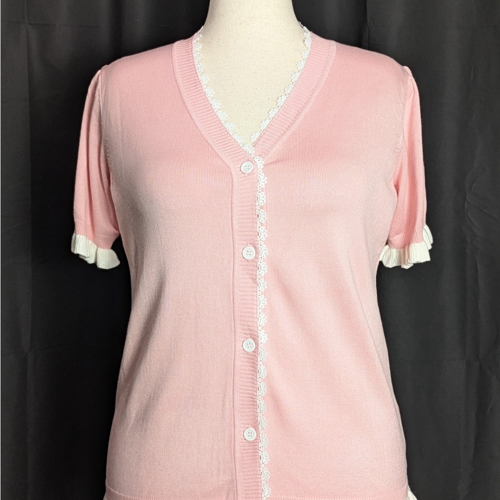 Belle Poque Pink Short Sleeved V-Neck Cardigan Sweater with White Lace Accents